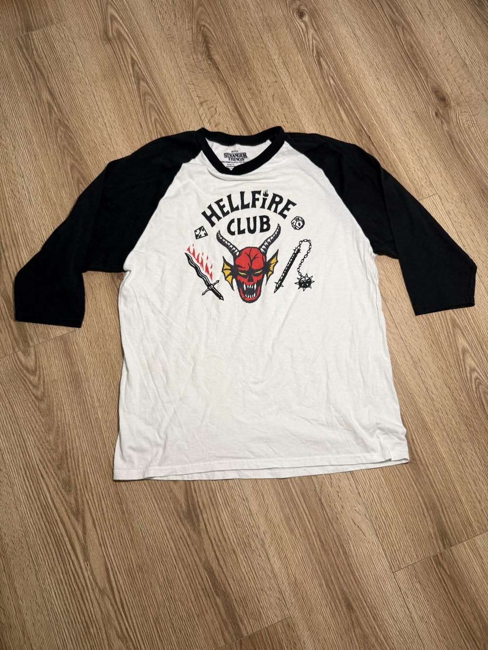 Netflix Hellfire Club Raglan Tee - White & Black with Red Graphic